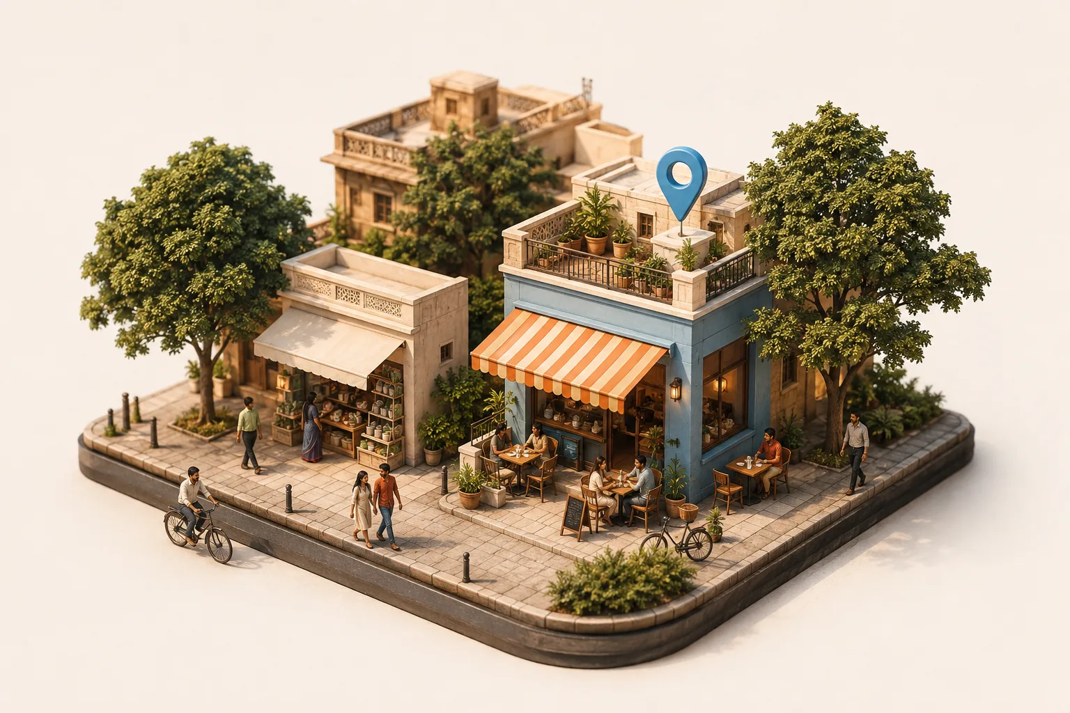 Illustration of a neighbourhood cafe and shops, with a blue location pin above the cafe